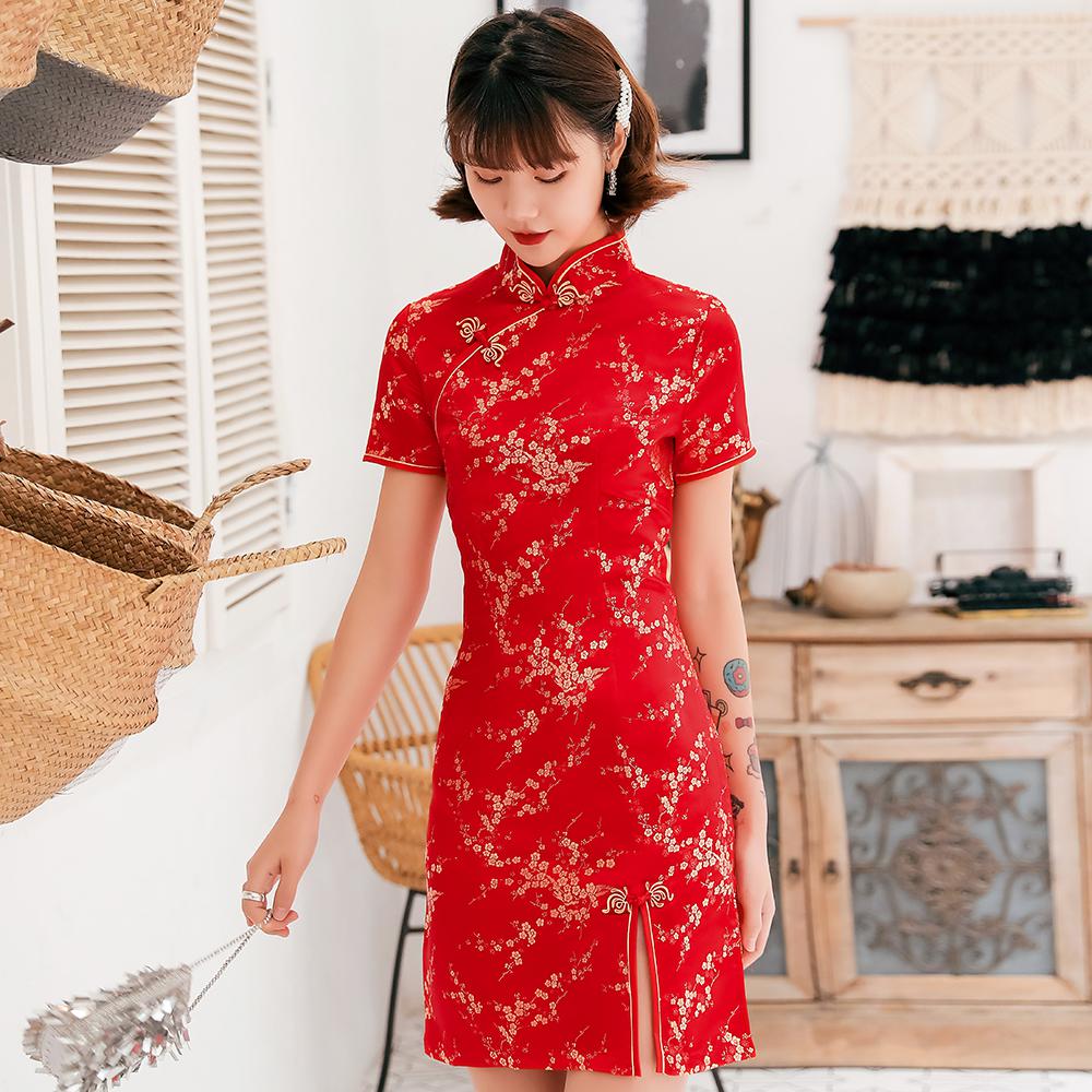 Chinese Female Satin Dress Elegant Slim Plus Size Qipao Mandarin Collar Vintage Cheongsam Vestidos Sexy High Split Formal Dress
