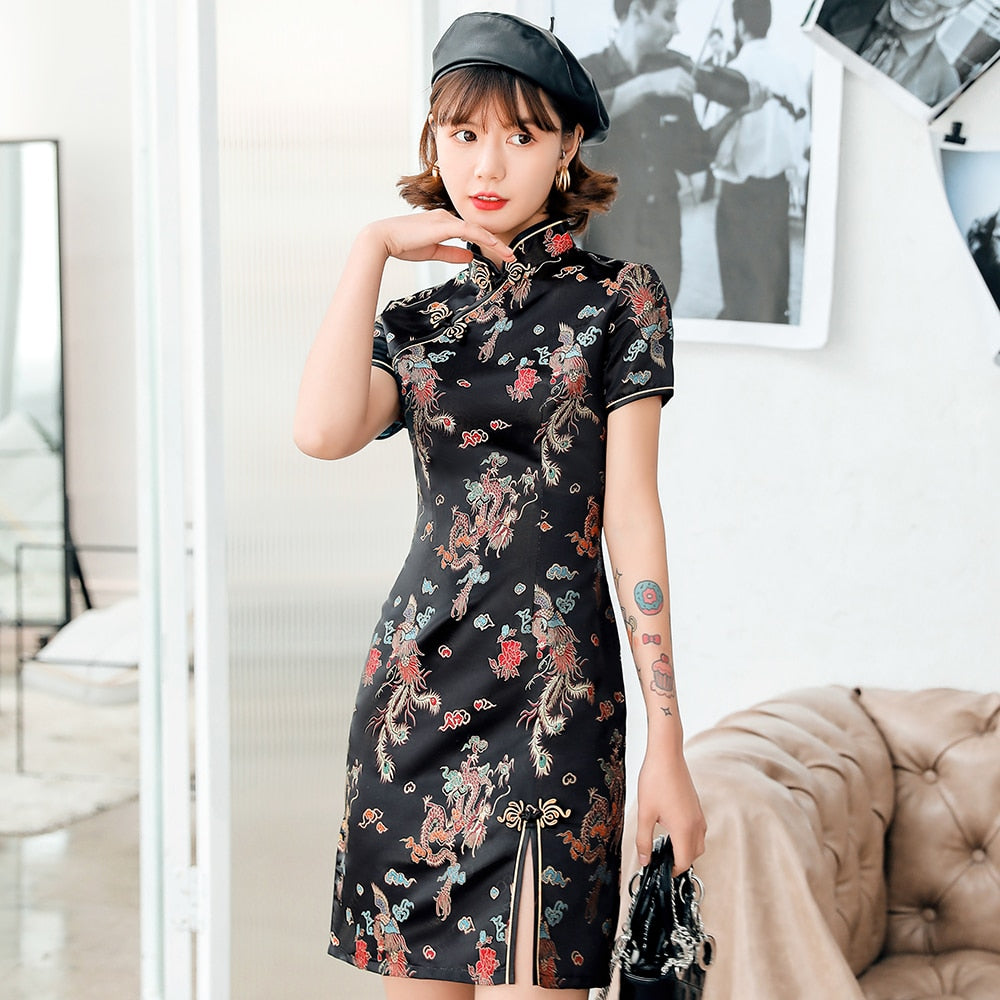 Chinese Female Satin Dress Elegant Slim Plus Size Qipao Mandarin Collar Vintage Cheongsam Vestidos Sexy High Split Formal Dress