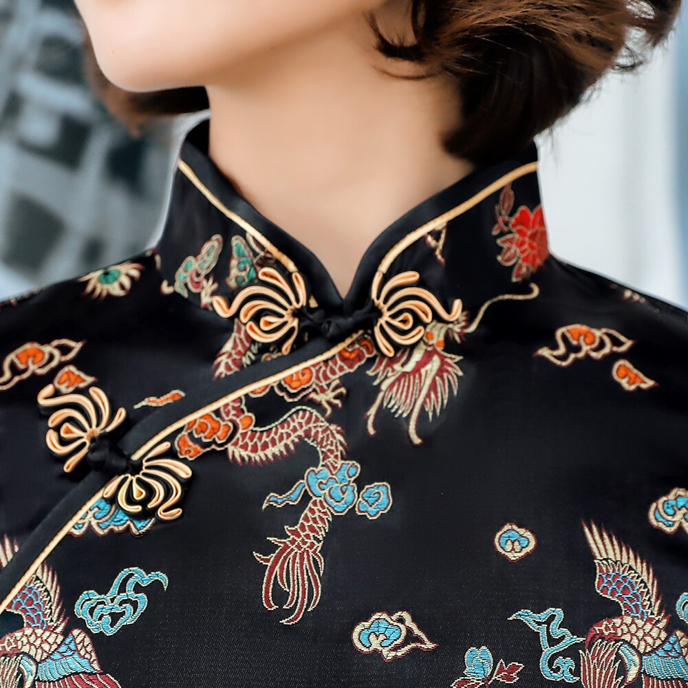 Chinese Female Satin Dress Elegant Slim Plus Size Qipao Mandarin Collar Vintage Cheongsam Vestidos Sexy High Split Formal Dress
