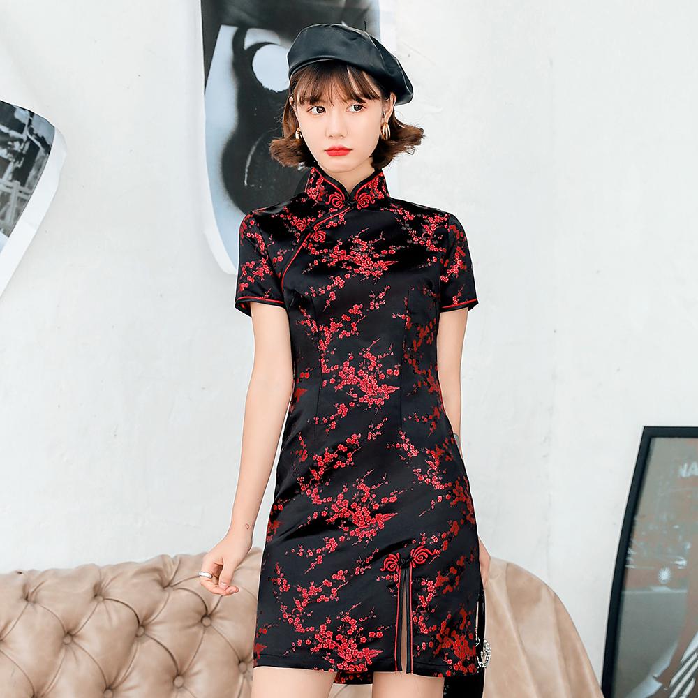 Chinese Female Satin Dress Elegant Slim Plus Size Qipao Mandarin Collar Vintage Cheongsam Vestidos Sexy High Split Formal Dress