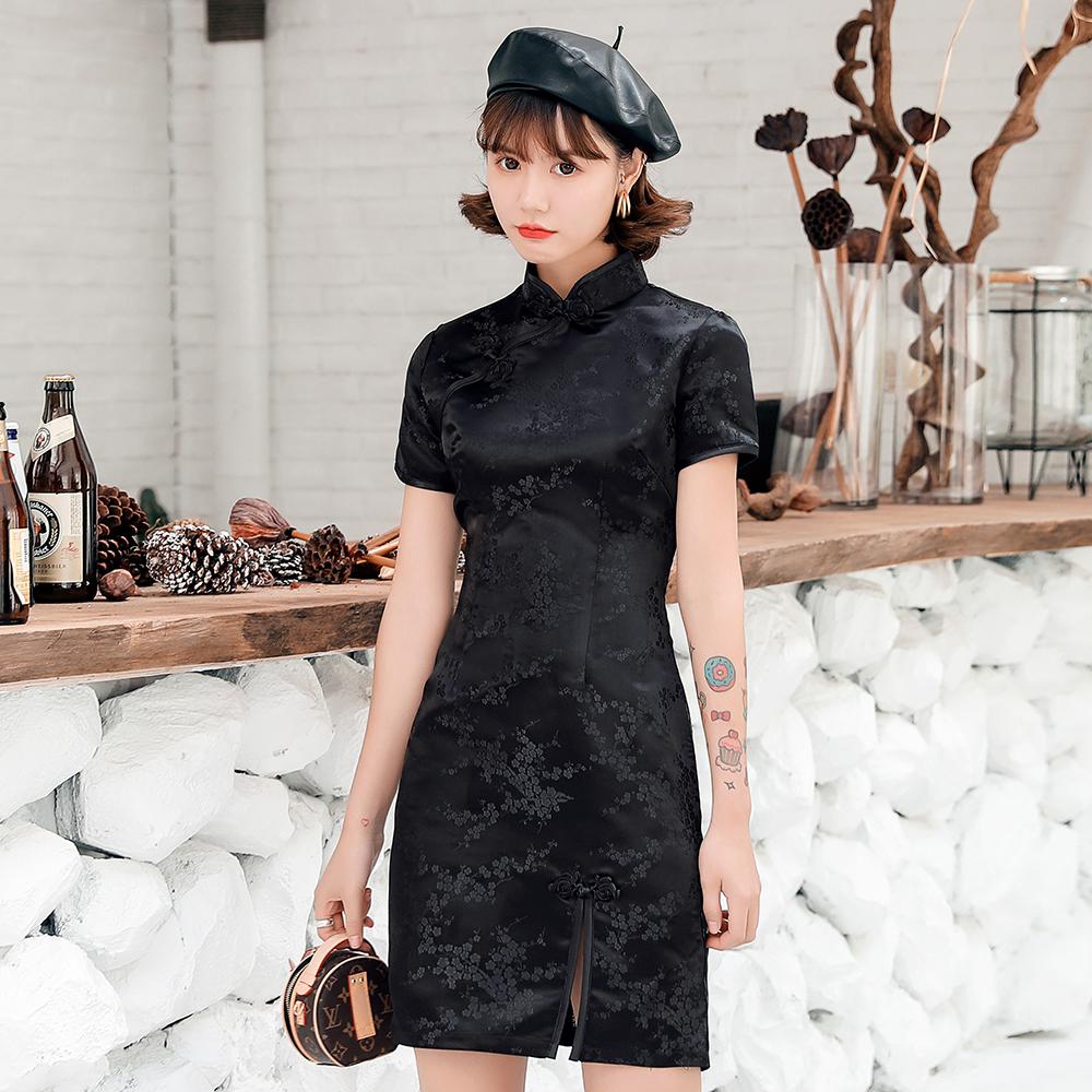 Chinese Female Satin Dress Elegant Slim Plus Size Qipao Mandarin Collar Vintage Cheongsam Vestidos Sexy High Split Formal Dress