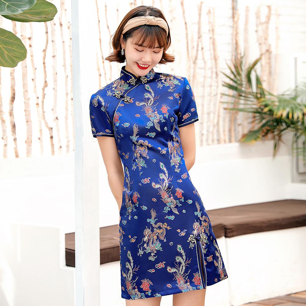 Chinese Female Satin Dress Elegant Slim Plus Size Qipao Mandarin Collar Vintage Cheongsam Vestidos Sexy High Split Formal Dress