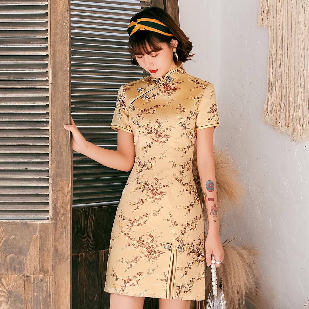 Chinese Female Satin Dress Elegant Slim Plus Size Qipao Mandarin Collar Vintage Cheongsam Vestidos Sexy High Split Formal Dress