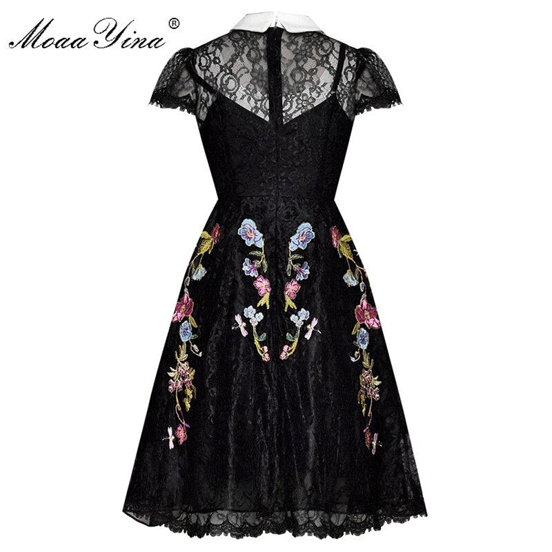MoaaYina Fashion Designer Runway dress Spring Summer Women Dress Lace Floral Embroidery Black Elegant Dresses