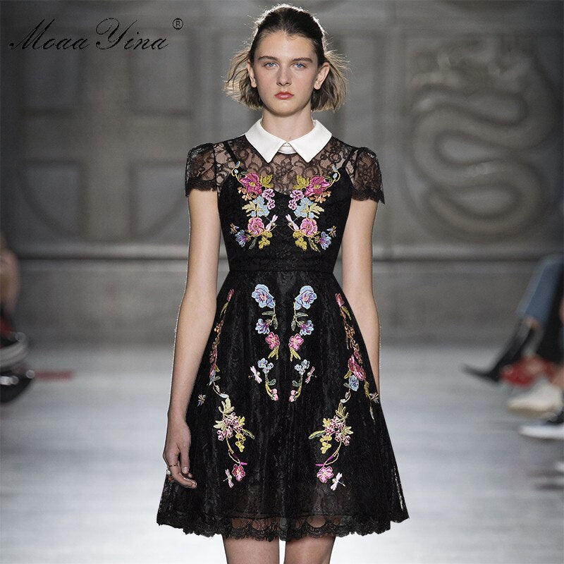 MoaaYina Fashion Designer Runway dress Spring Summer Women Dress Lace Floral Embroidery Black Elegant Dresses
