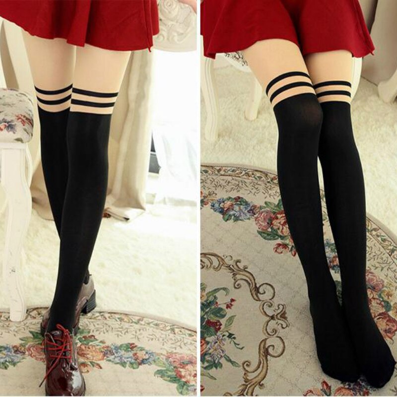 Japan Girl Women Sexy Velvet Double Stripes Stockings Fake Thigh High Stocking Pantyhose Mock Over Knee Tattoo Tights