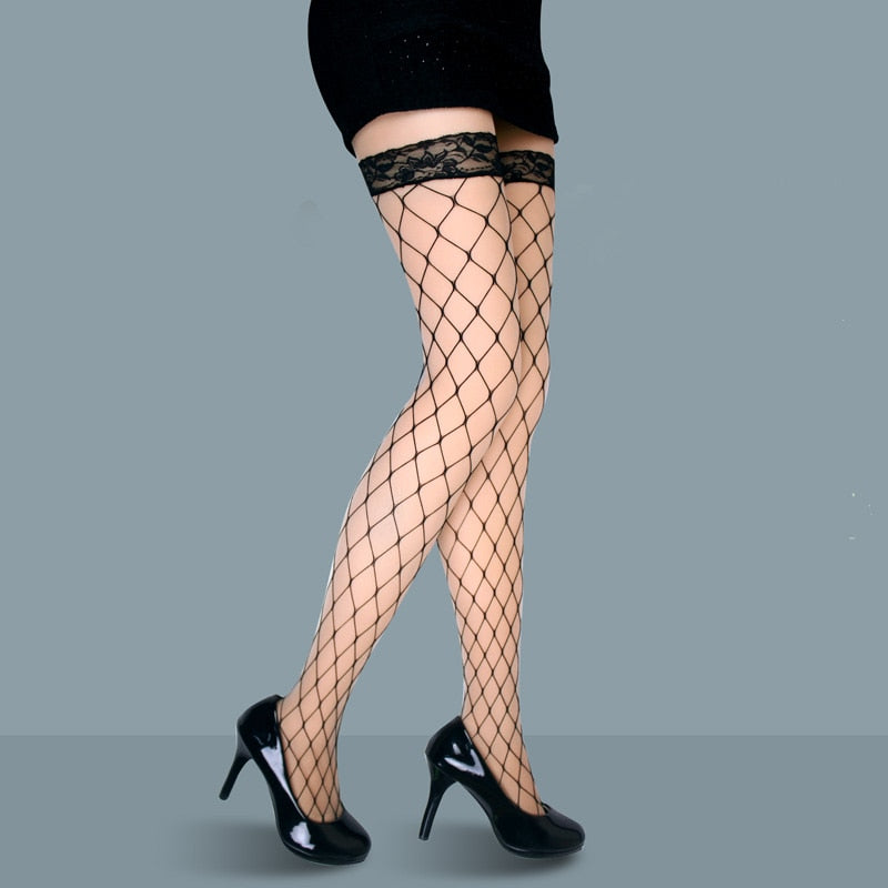 Sexy Women&#39;s Ladies for Girls Fence Anime Net Longe Stockings Lace Fishnet Thigh-Highs Sheer Silk High Socks Hollow Plaid Design