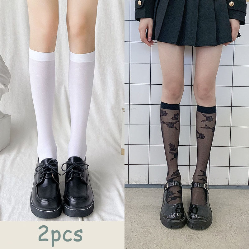 JK Woman Stockings Cute Black White Lolita Long Socks Solid Color Knee High Socks Fashion Girls Kawaii Cosplay Sexy Nylon Socks