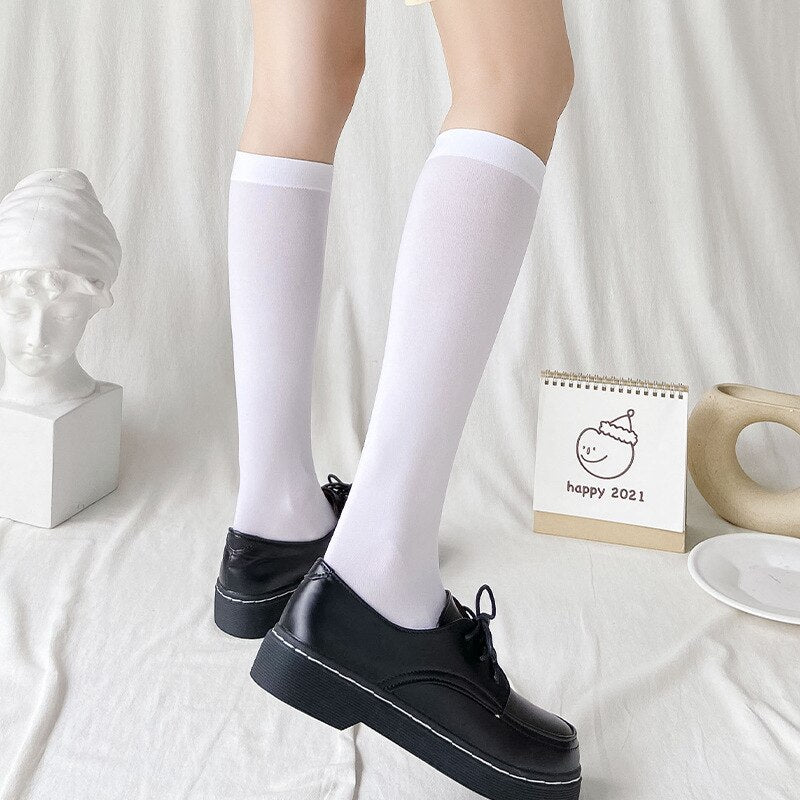 JK Woman Stockings Cute Black White Lolita Long Socks Solid Color Knee High Socks Fashion Girls Kawaii Cosplay Sexy Nylon Socks