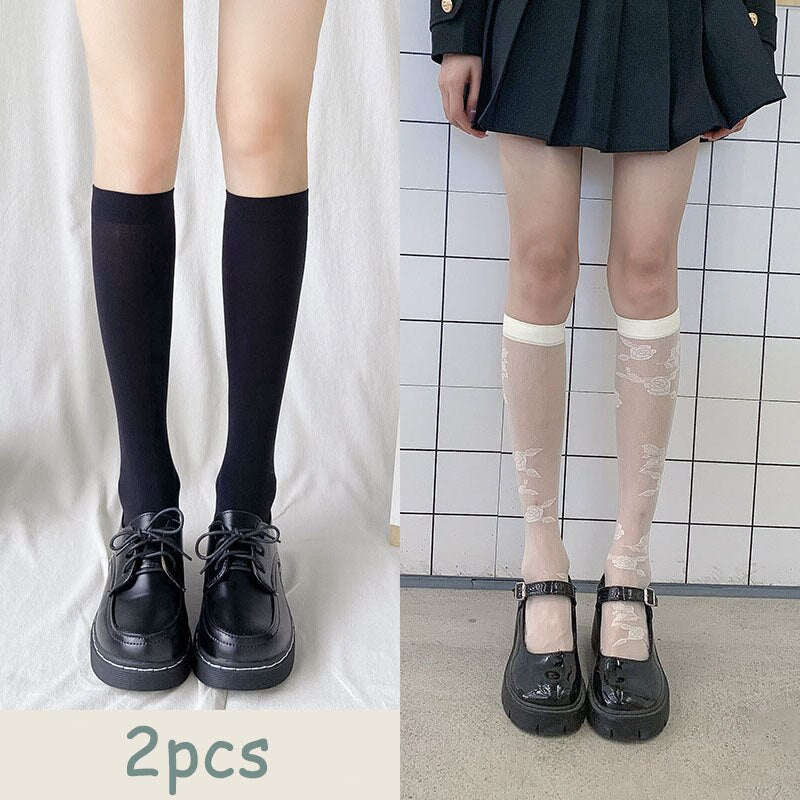 JK Woman Stockings Cute Black White Lolita Long Socks Solid Color Knee High Socks Fashion Girls Kawaii Cosplay Sexy Nylon Socks