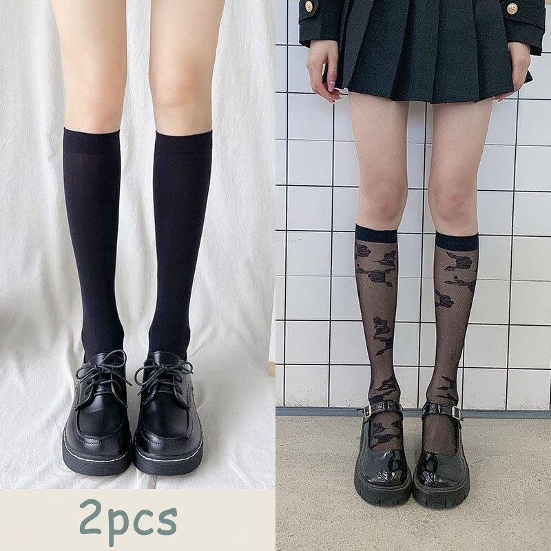 JK Woman Stockings Cute Black White Lolita Long Socks Solid Color Knee High Socks Fashion Girls Kawaii Cosplay Sexy Nylon Socks