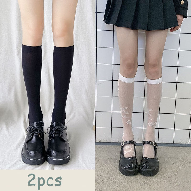 JK Woman Stockings Cute Black White Lolita Long Socks Solid Color Knee High Socks Fashion Girls Kawaii Cosplay Sexy Nylon Socks