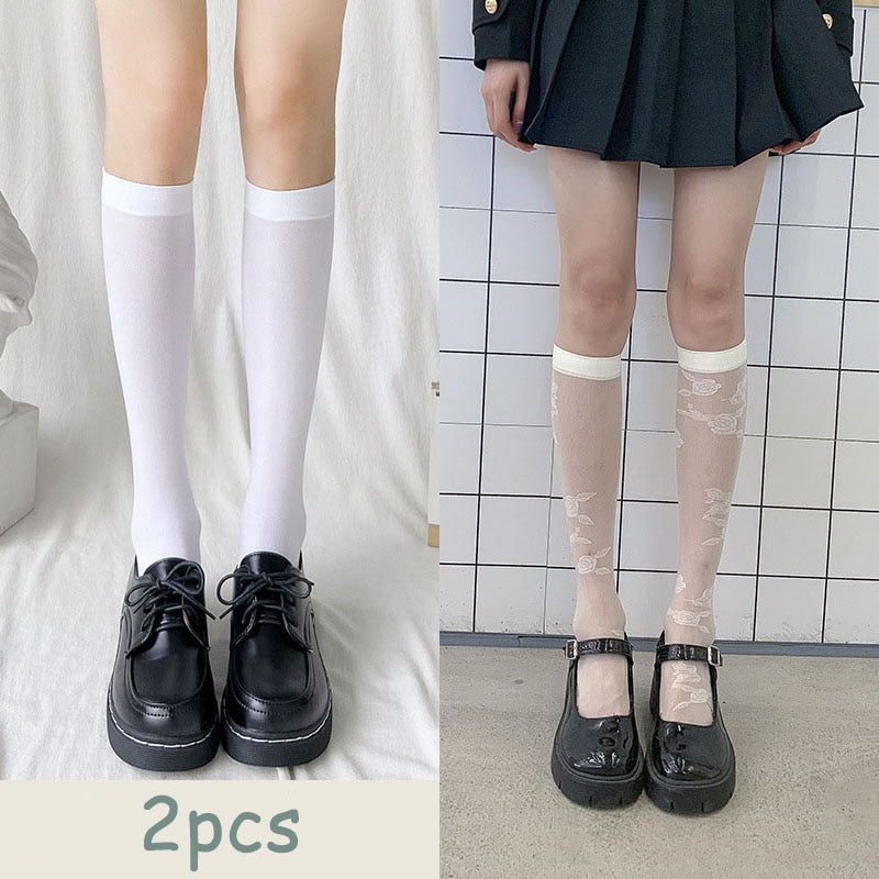 JK Woman Stockings Cute Black White Lolita Long Socks Solid Color Knee High Socks Fashion Girls Kawaii Cosplay Sexy Nylon Socks