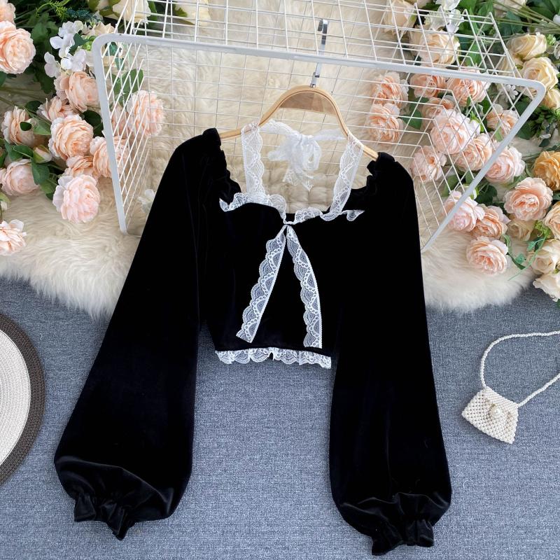 Sexy Halter Lace Patchwork Short Blouse For Women Casual Puff Sleeve Velvet Shirt Female Black Tops New Fashion Autumn Winter