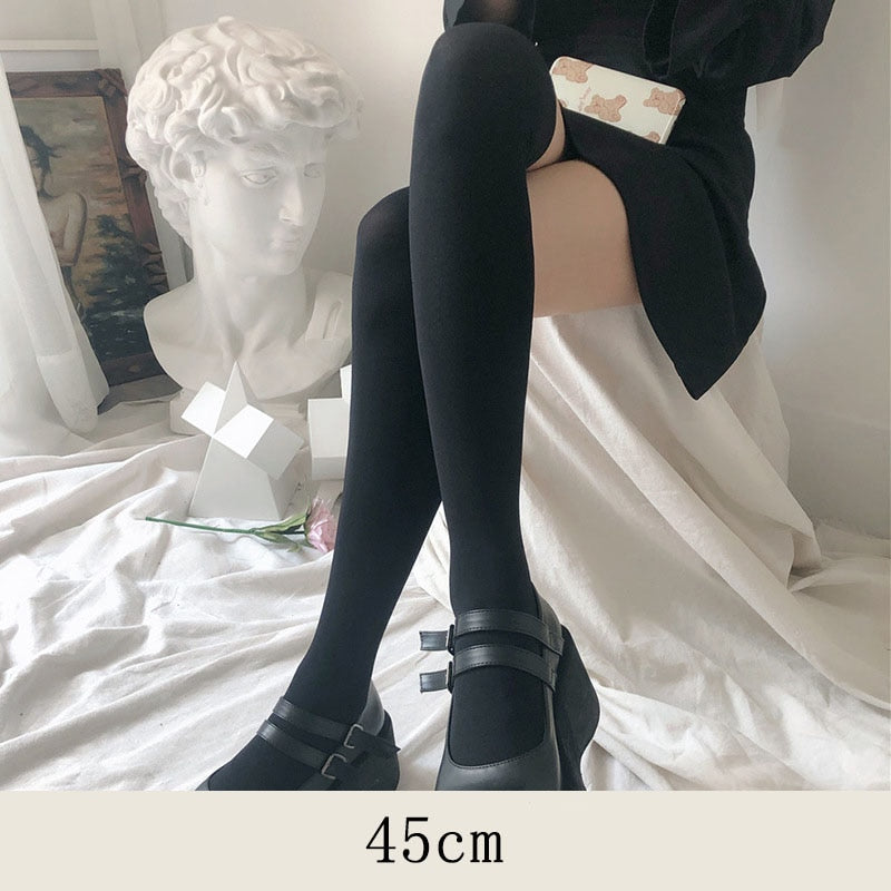 JK Woman Stockings Cute Black White Lolita Long Socks Solid Color Knee High Socks Fashion Girls Kawaii Cosplay Sexy Nylon Socks