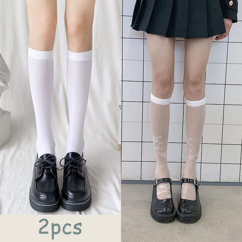 JK Woman Stockings Cute Black White Lolita Long Socks Solid Color Knee High Socks Fashion Girls Kawaii Cosplay Sexy Nylon Socks