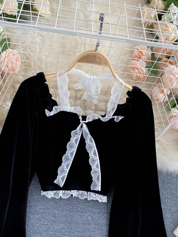 Sexy Halter Lace Patchwork Short Blouse For Women Casual Puff Sleeve Velvet Shirt Female Black Tops New Fashion Autumn Winter