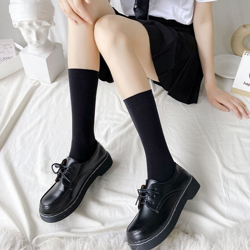 JK Woman Stockings Cute Black White Lolita Long Socks Solid Color Knee High Socks Fashion Girls Kawaii Cosplay Sexy Nylon Socks