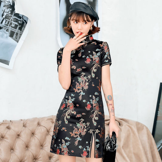 Chinese Female Satin Dress Elegant Slim Plus Size Qipao Mandarin Collar Vintage Cheongsam Vestidos Sexy High Split Formal Dress