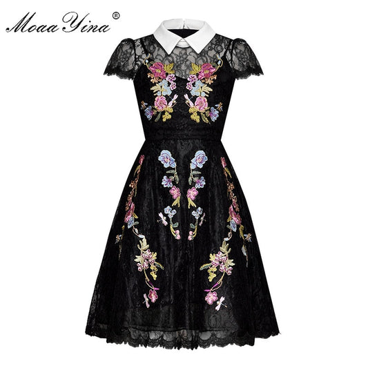 MoaaYina Fashion Designer Runway dress Spring Summer Women Dress Lace Floral Embroidery Black Elegant Dresses